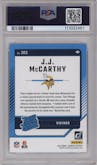 J.J. McCarthy from the 2024 Donruss set graded by PSA and given an overall grade of 10.