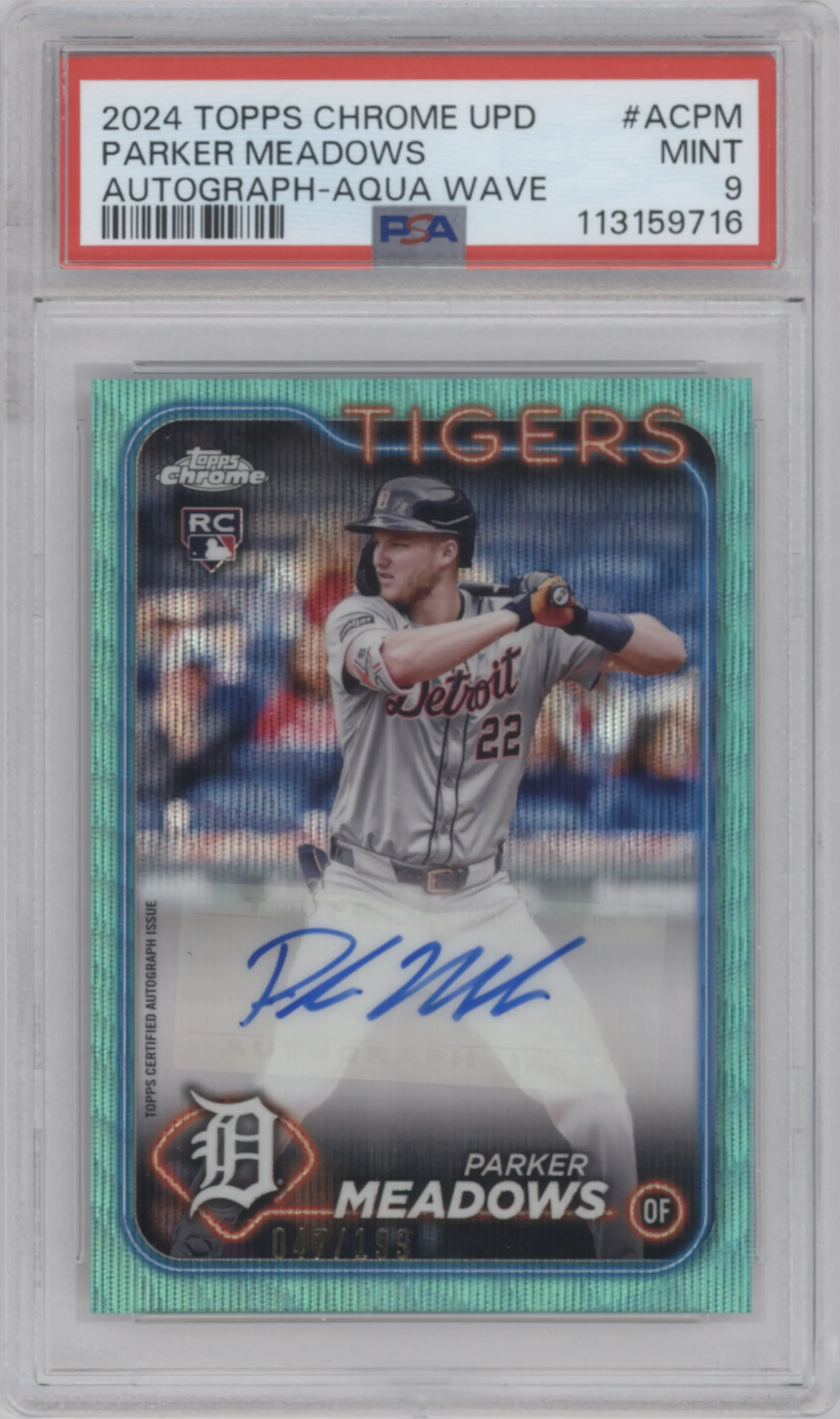 Parker Meadows from the 2024 Topps Chrome Update set featuring a Aqua Wave Refractor parallel graded by PSA and given an overall grade of 9.