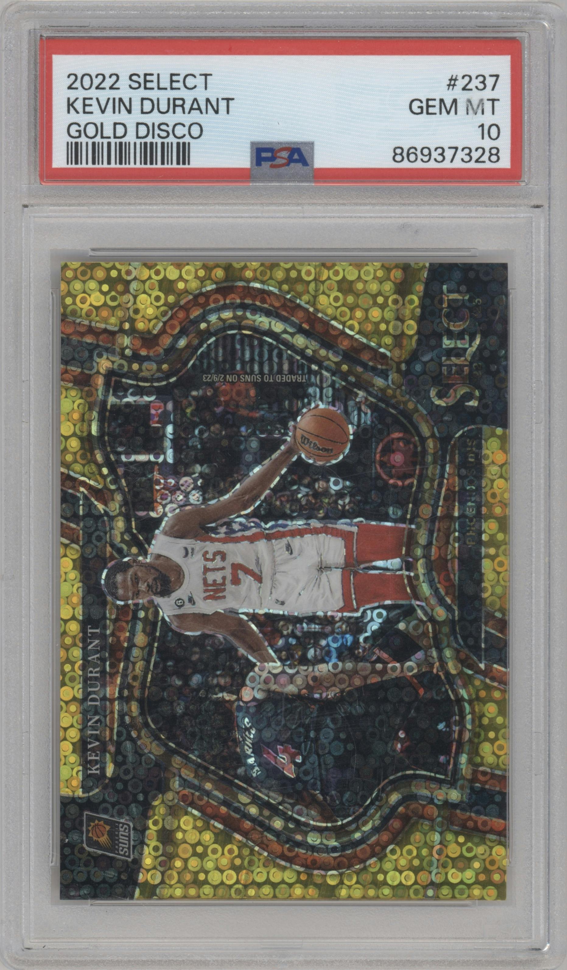 Kevin Durant from the 2022-23 Panini Select set featuring a Disco Gold parallel graded by PSA and given an overall grade of 10.