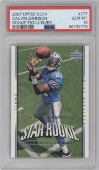 Calvin Johnson from the 2007 Upper Deck set featuring a Rookie Exclusives Star Rookies parallel graded by PSA and given an overall grade of 10.