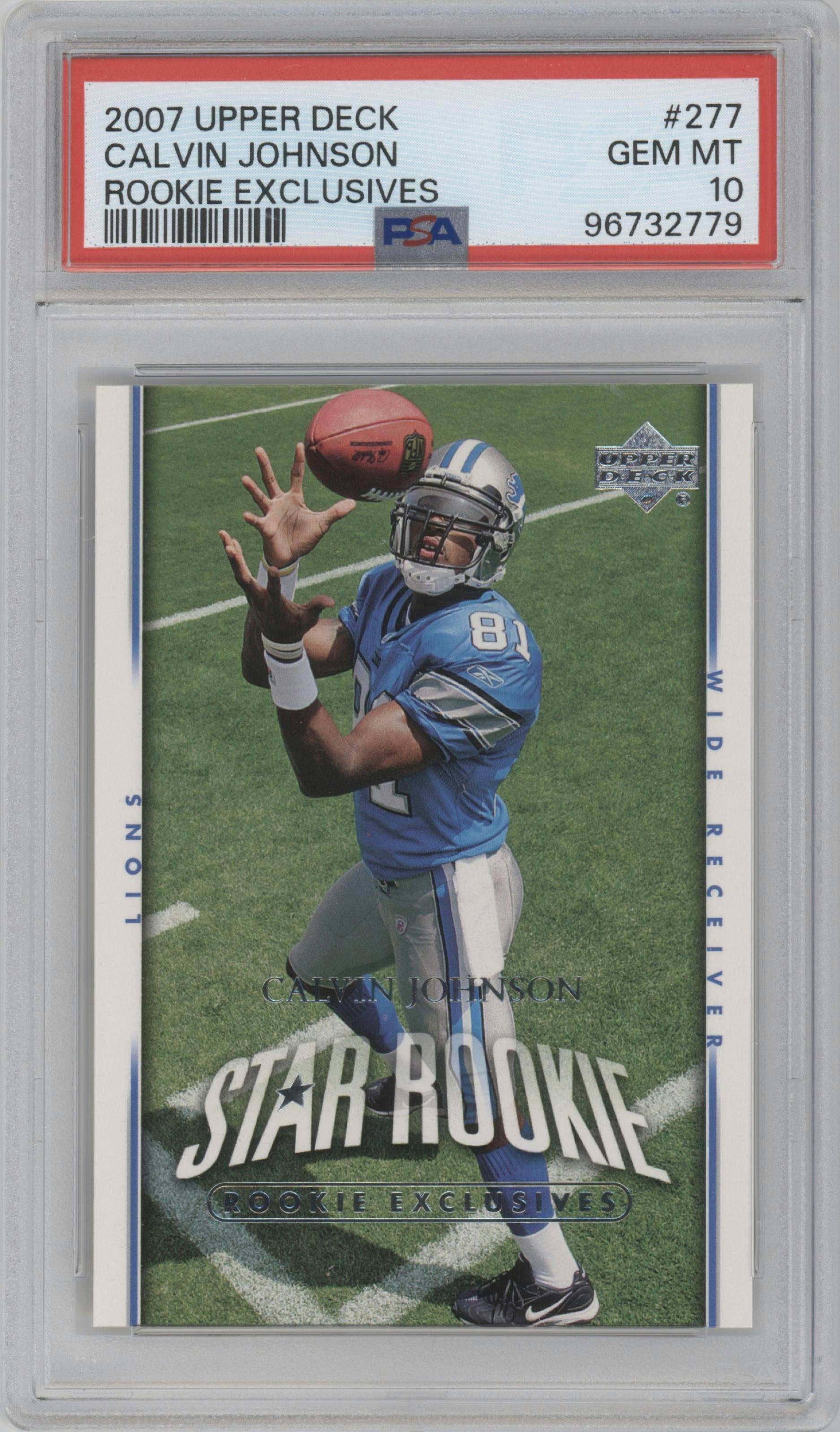 Calvin Johnson from the 2007 Upper Deck set featuring a Rookie Exclusives Star Rookies parallel graded by PSA and given an overall grade of 10.