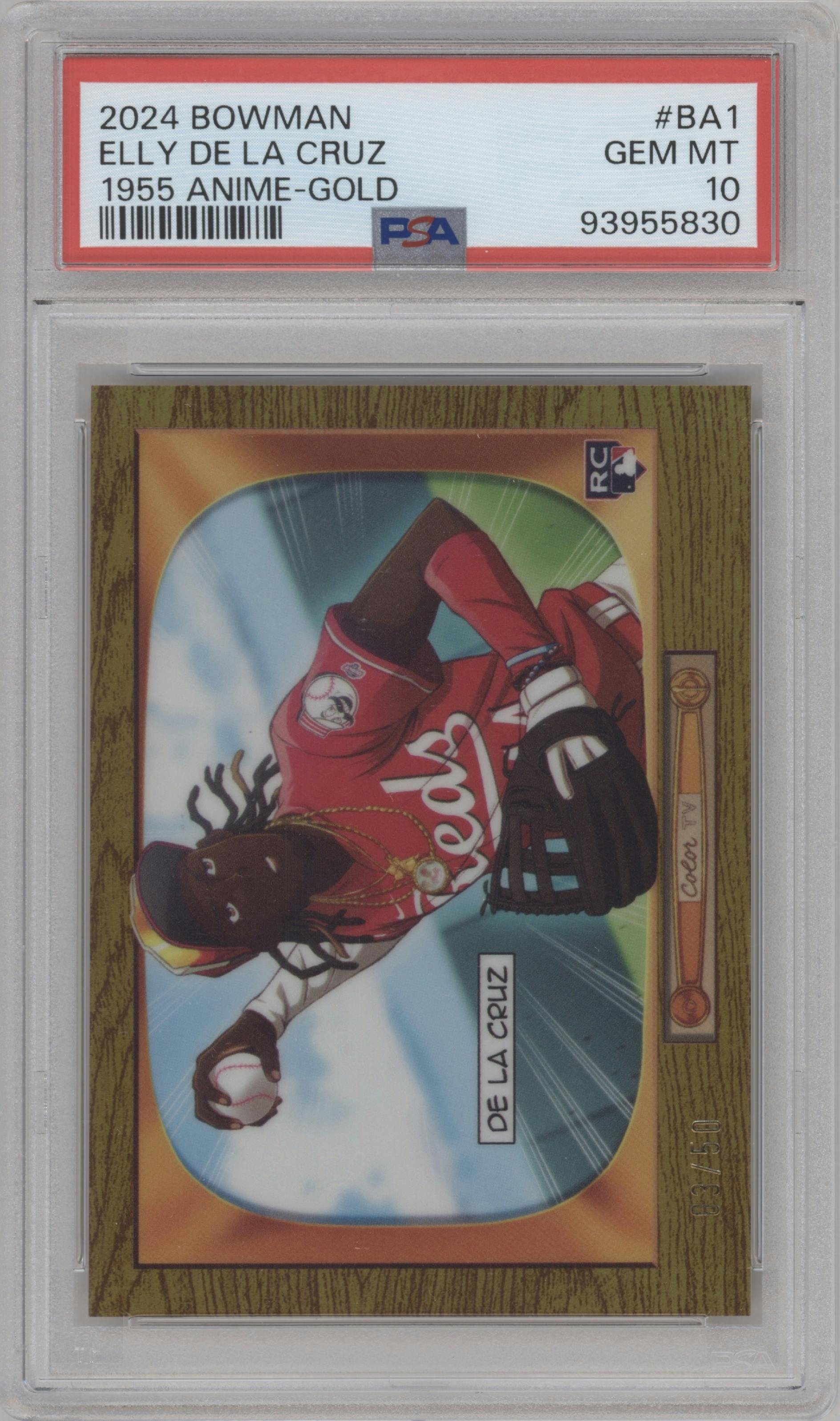 Elly De La Cruz from the 2024 Bowman set featuring a Gold Refractor parallel graded by PSA and given an overall grade of 10.