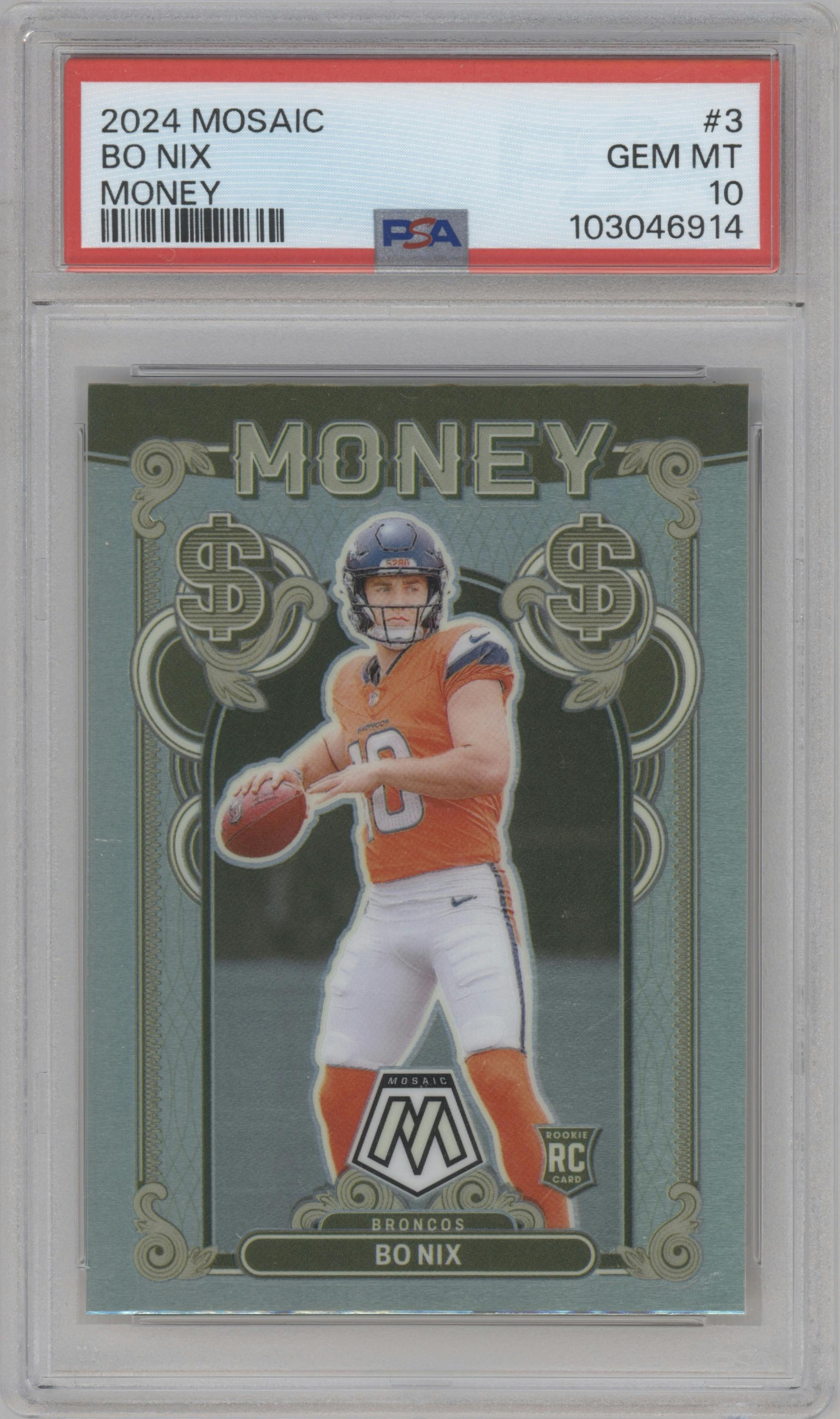 Bo Nix from the 2024 Panini Mosaic set graded by PSA and given an overall grade of 10.
