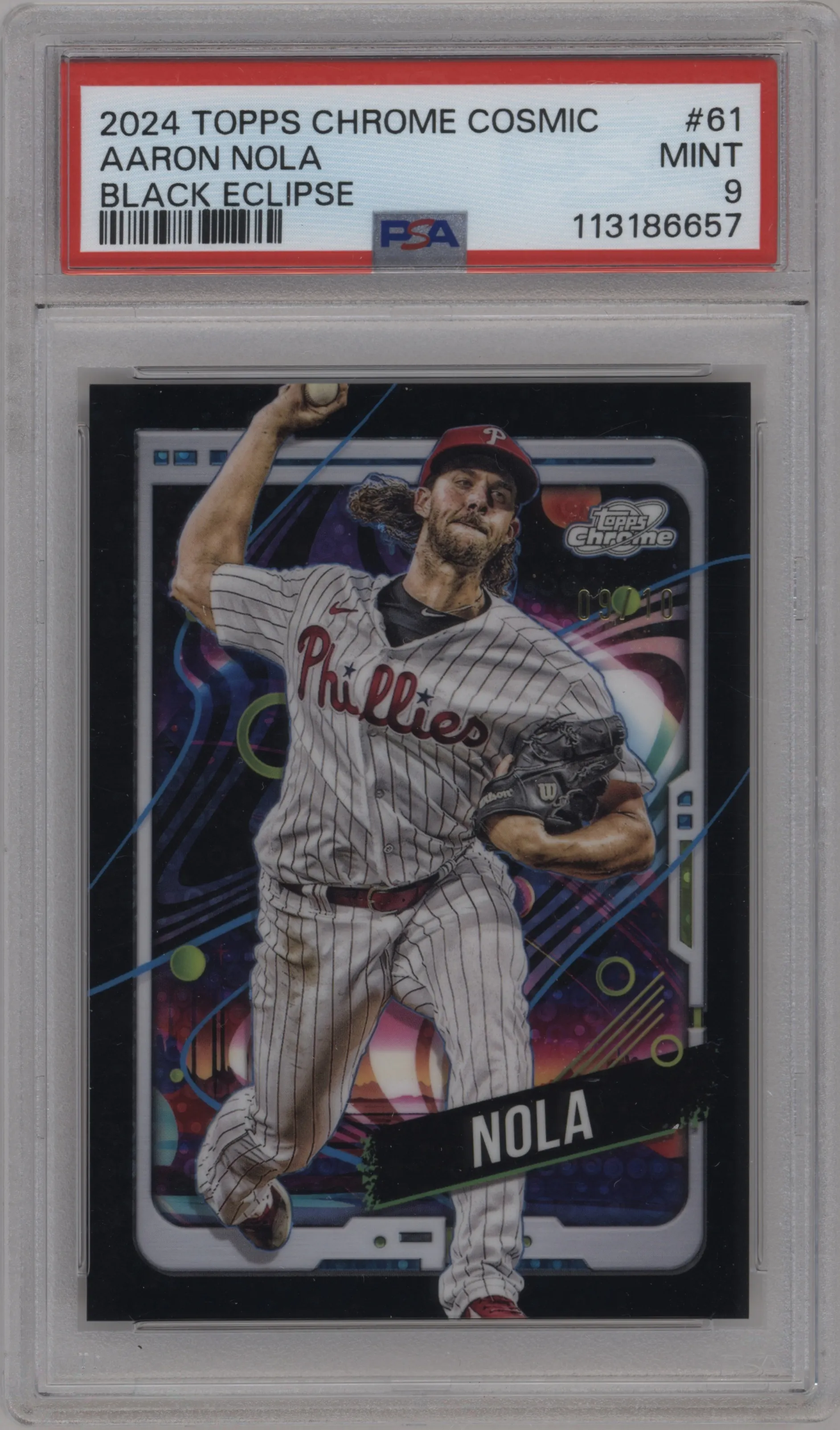 2024 Topps Cosmic Chrome Aaron Nola Black Eclipse Refractor PSA 9