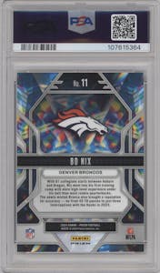 Bo Nix from the 2024 Panini Prizm set featuring a Green Prizm parallel graded by PSA and given an overall grade of 10.