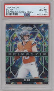 Bo Nix from the 2024 Panini Prizm set featuring a Green Prizm parallel graded by PSA and given an overall grade of 10.
