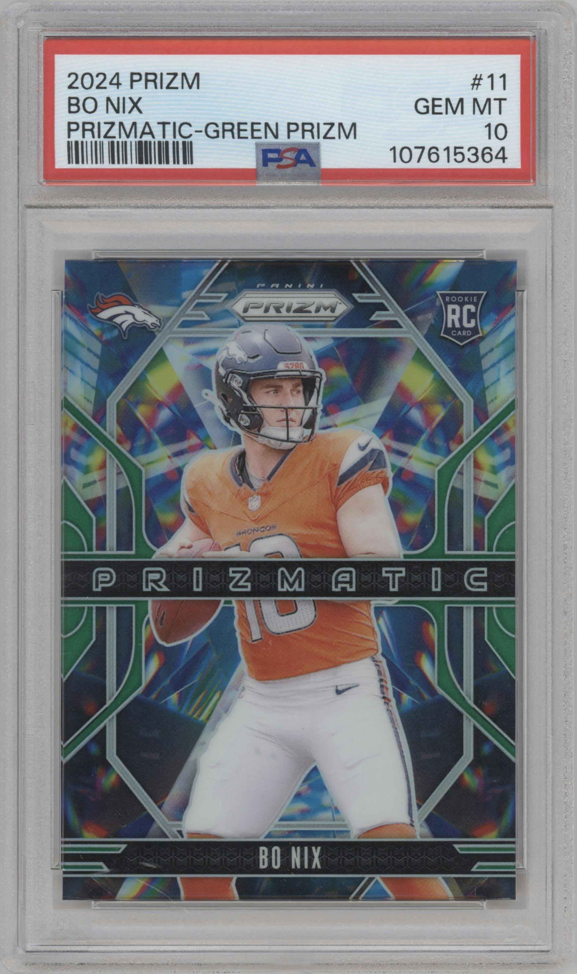 Bo Nix from the 2024 Panini Prizm set featuring a Green Prizm parallel graded by PSA and given an overall grade of 10.