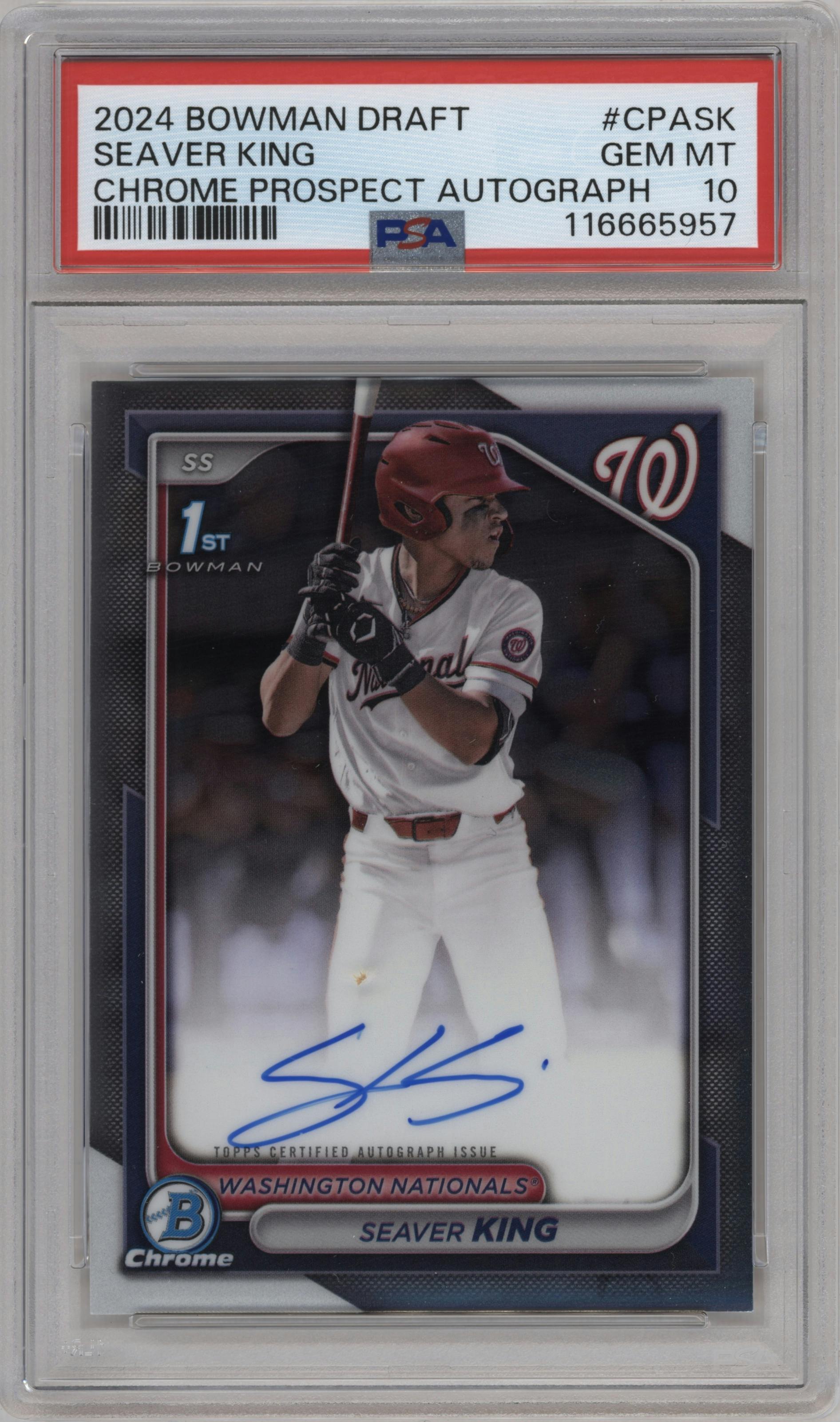 Seaver King from the 2024 Bowman Draft set graded by PSA and given an overall grade of 10.