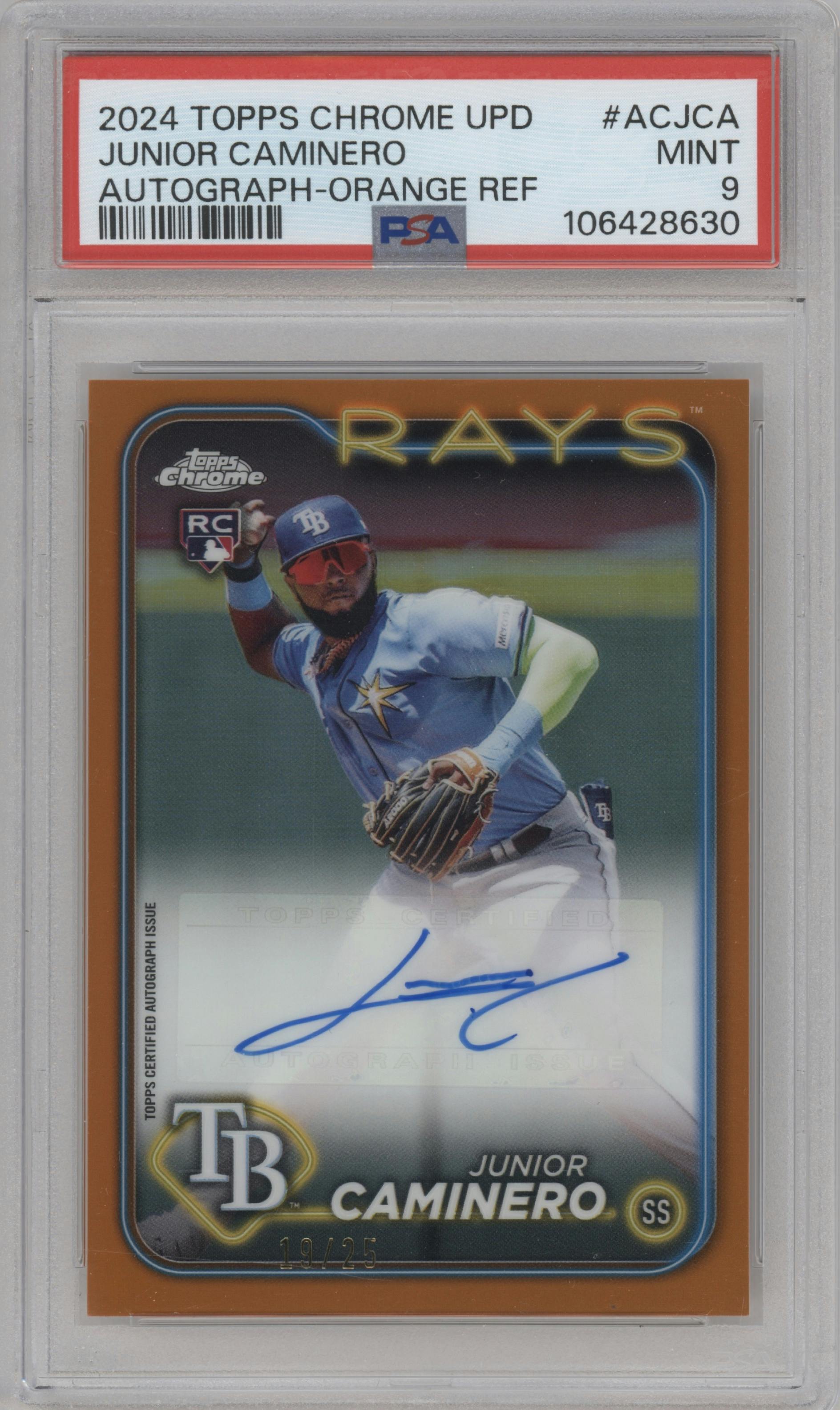 Junior Caminero from the 2024 Topps Chrome Update set featuring a Orange Refractor parallel graded by PSA and given an overall grade of 9.