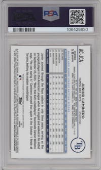 Junior Caminero from the 2024 Topps Chrome Update set featuring a Orange Refractor parallel graded by PSA and given an overall grade of 9.