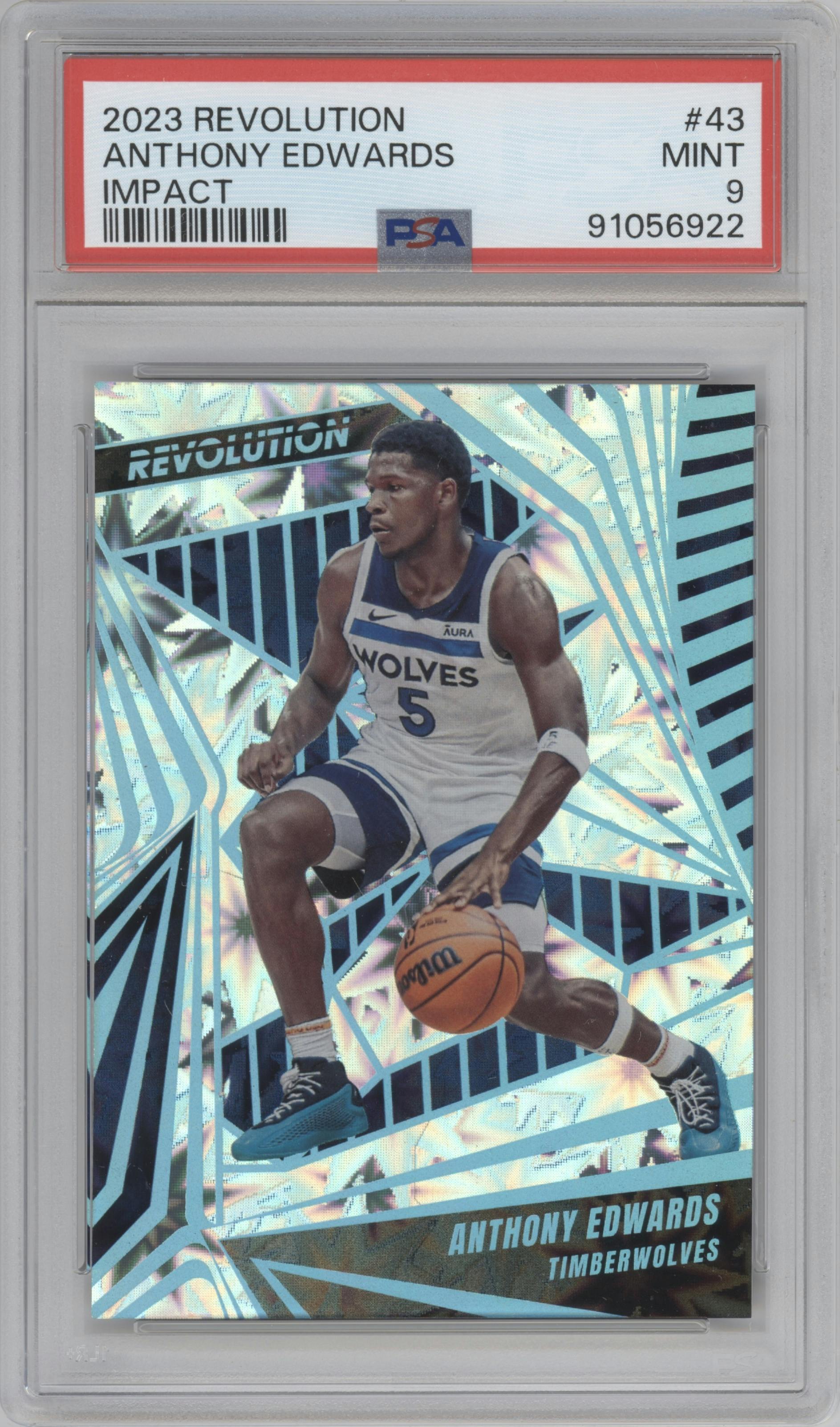 Anthony Edwards from the 2023-24 Panini Revolution set featuring a Impact parallel graded by PSA and given an overall grade of 9.