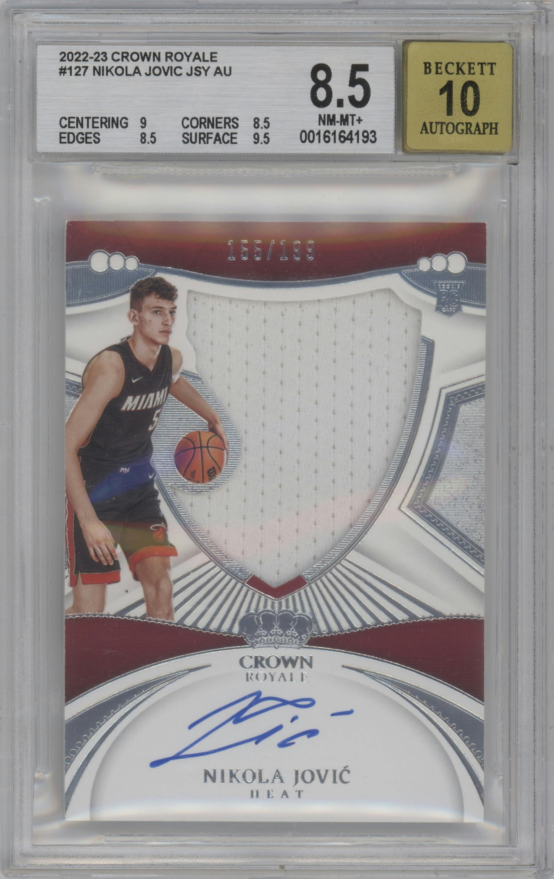 Nikola Jovic from the 2022-23 Panini Crown Royale set graded by Beckett and given an overall grade of 8.5.