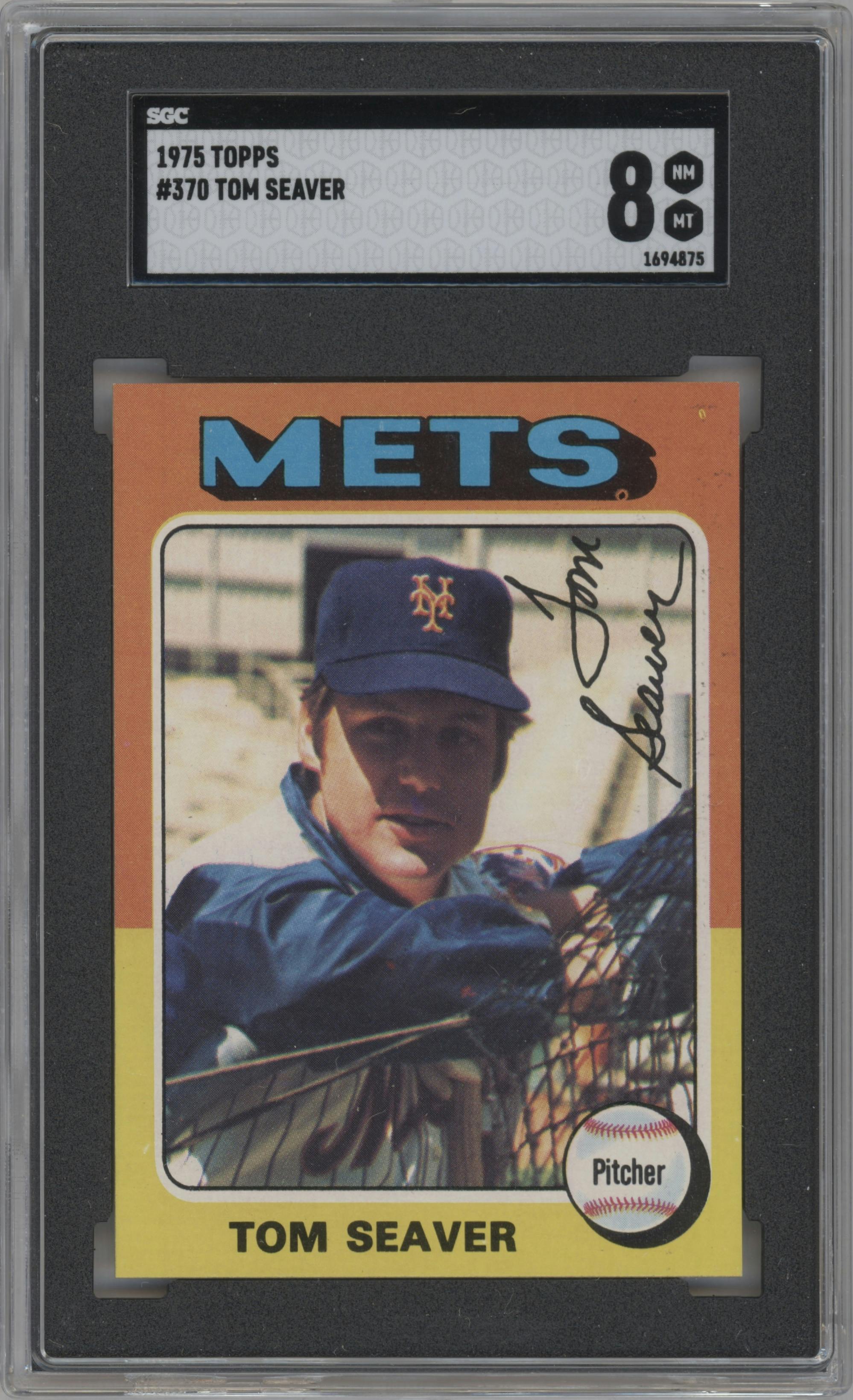Tom Seaver from the 1975 Topps set graded by SGC and given an overall grade of 8.