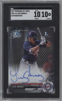 Luis Arraez from the 2017 Bowman Chrome set graded by SGC and given an overall grade of 10.