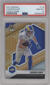 Cooper Kupp from the 2021 Panini Mosaic set featuring a Honeycomb parallel graded by PSA and given an overall grade of 10.