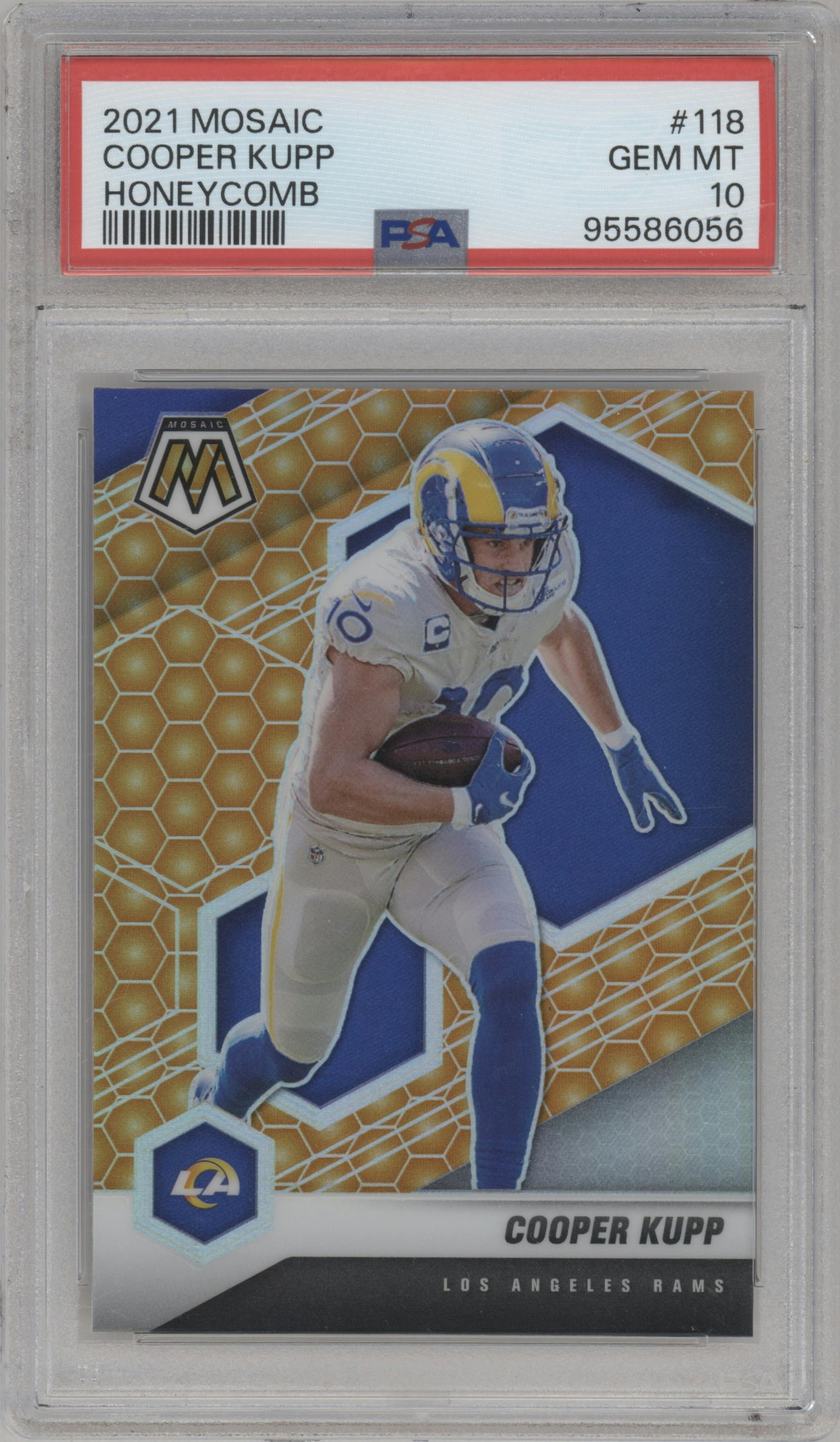 Cooper Kupp from the 2021 Panini Mosaic set featuring a Honeycomb parallel graded by PSA and given an overall grade of 10.