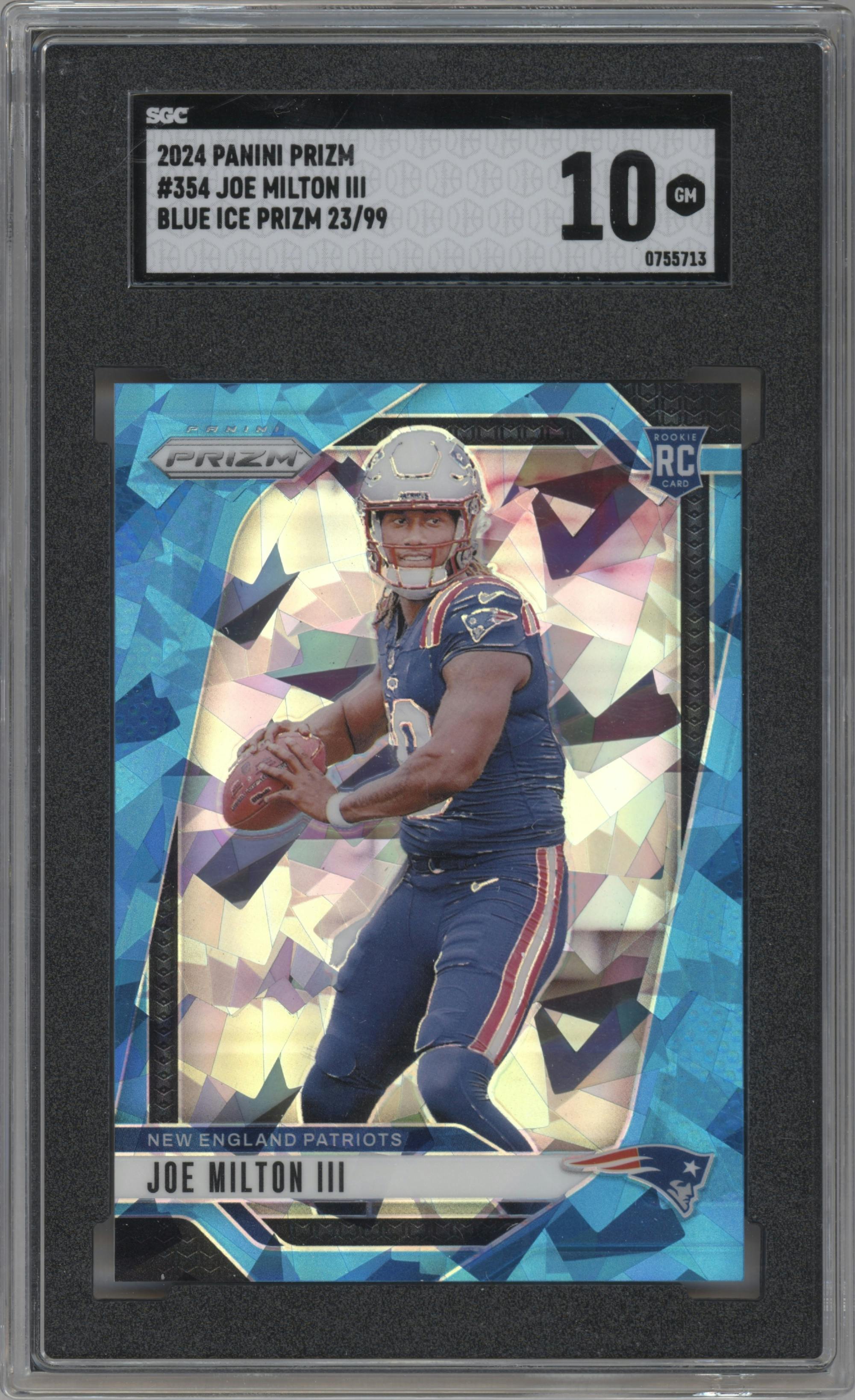 Joe Milton III from the 2024 Panini Prizm set featuring a Blue Ice parallel graded by SGC and given an overall grade of 10.