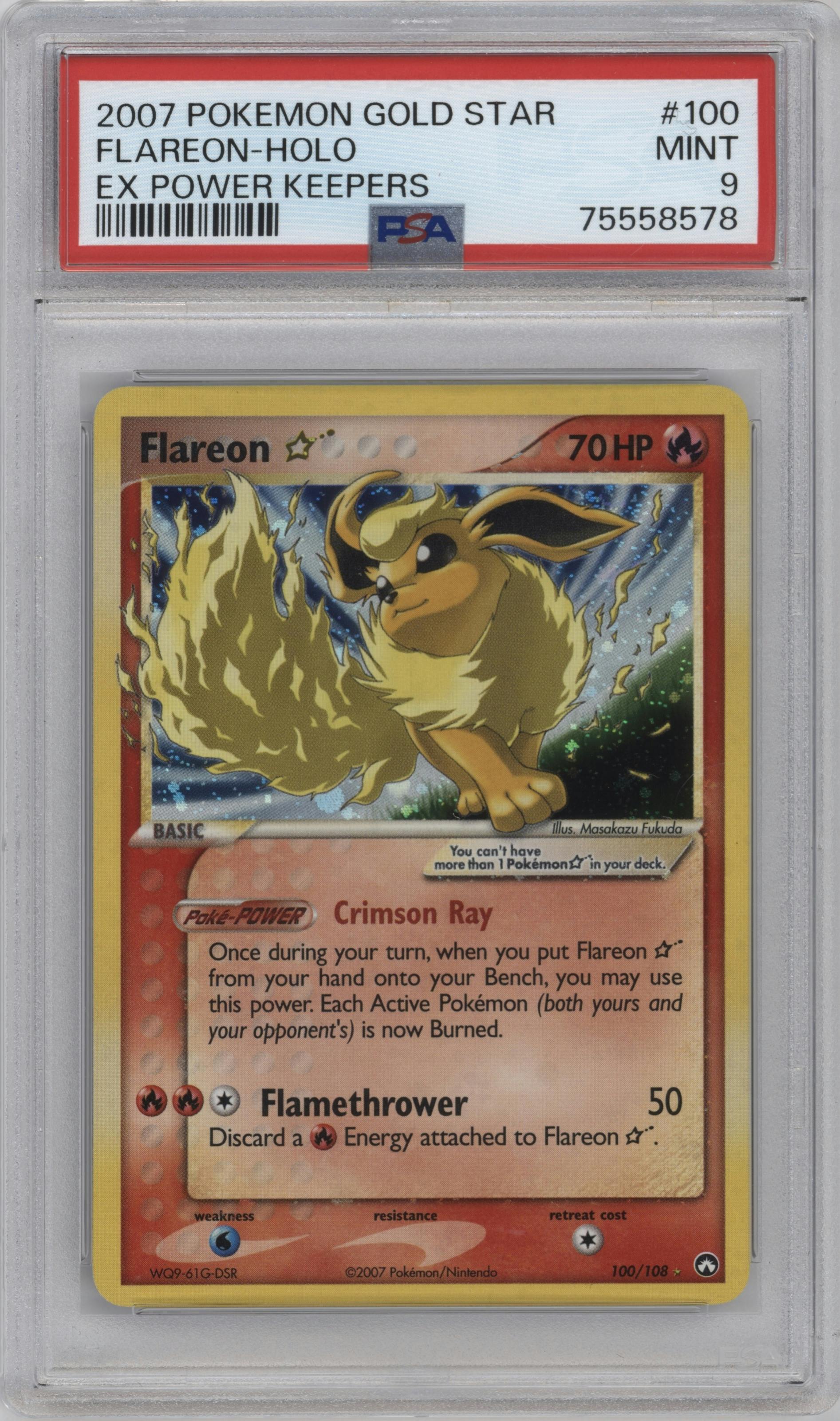 Flareon Gold Star from the 2007 Pokemon EX set graded by PSA and given an overall grade of 9.