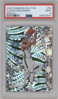 Giannis Antetokounmpo from the 2020-21 Panini Revolution set featuring a Impact parallel graded by PSA and given an overall grade of 9.