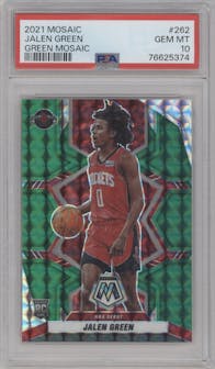 Jalen Green from the 2021-22 Panini Mosaic  set featuring a Green Mosaic parallel graded by PSA and given an overall grade of 10.