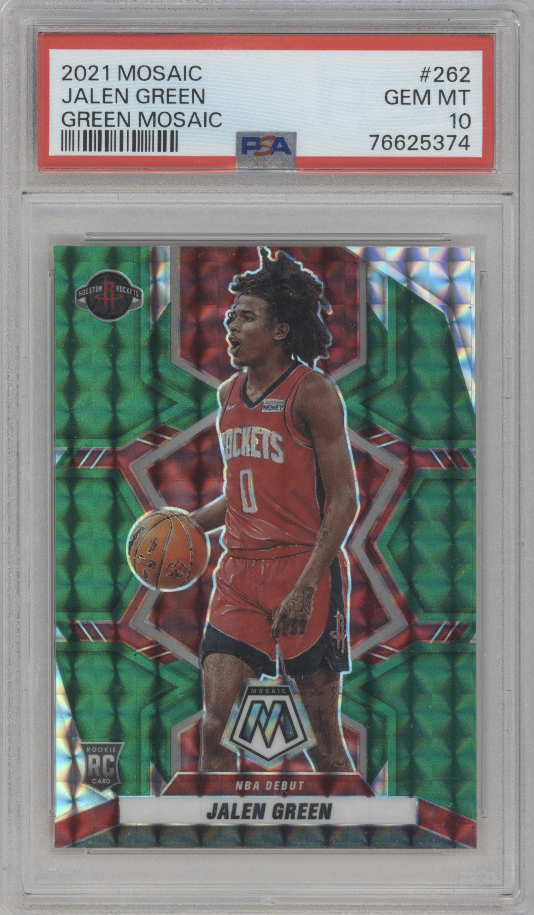 Jalen Green from the 2021-22 Panini Mosaic  set featuring a Green Mosaic parallel graded by PSA and given an overall grade of 10.