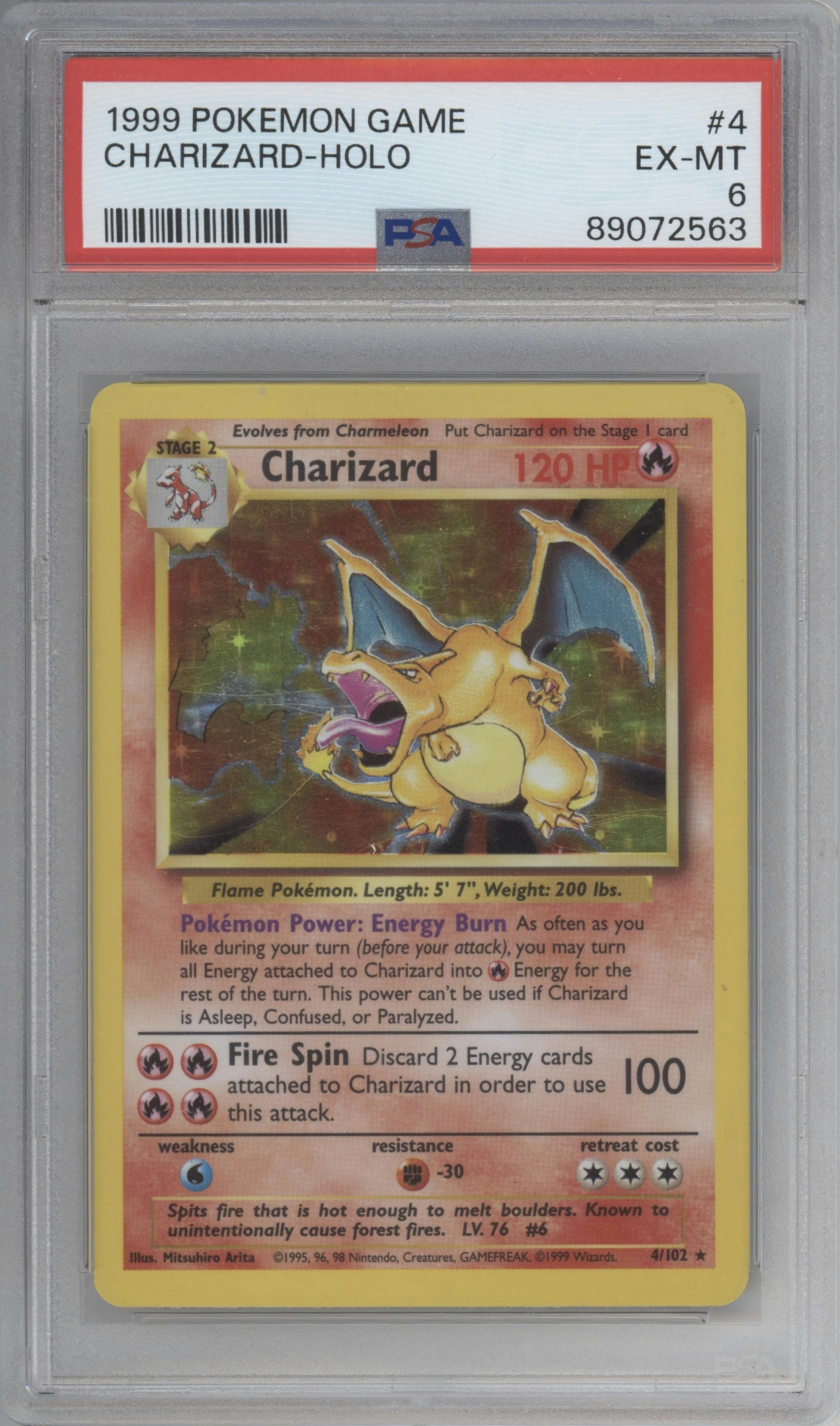 Charizard from the 1999 Pokemon set graded by PSA and given an overall grade of 6.