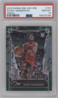 Scoot Henderson  from the 2023-24 Panini One and One set featuring a Green parallel graded by PSA and given an overall grade of 10.