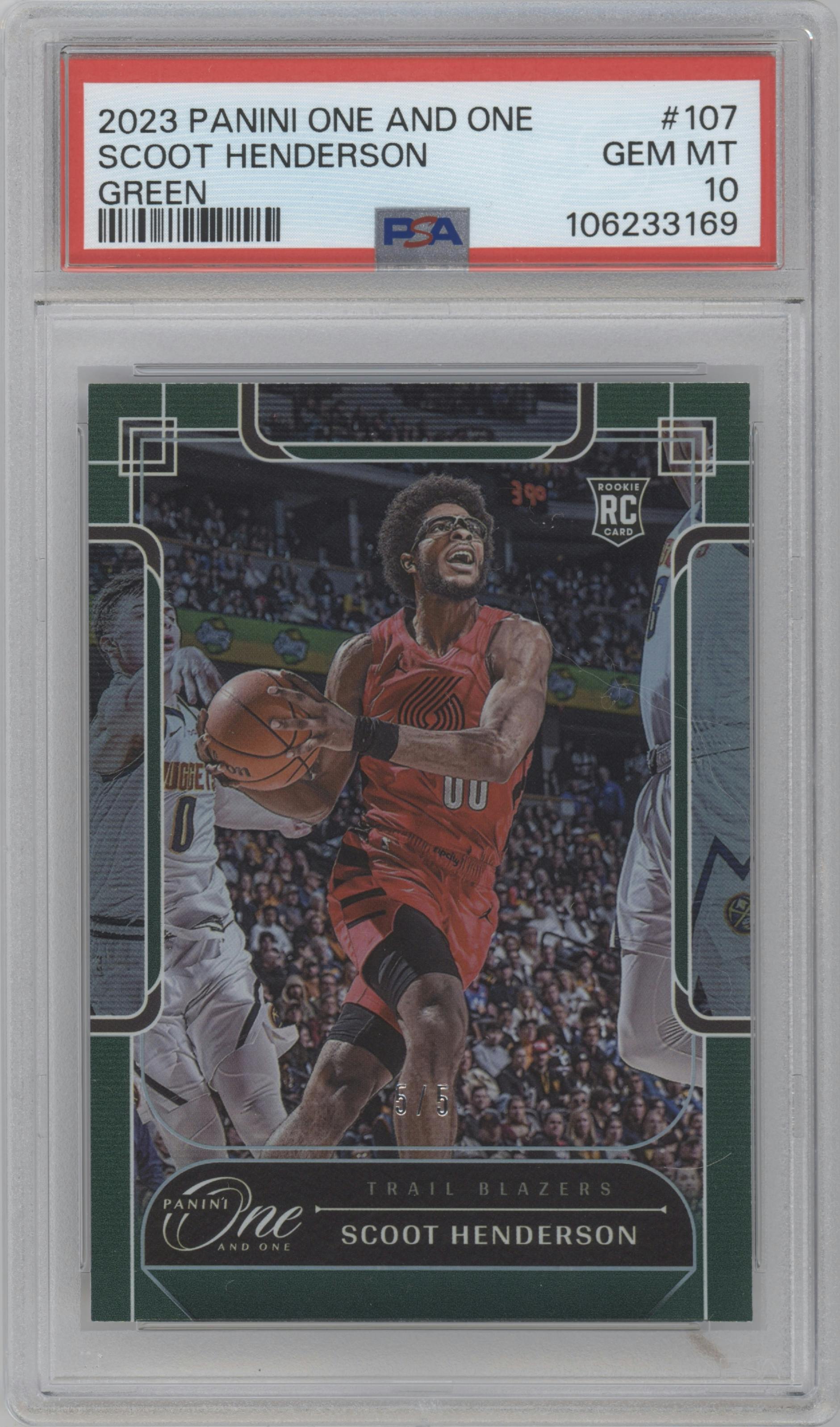 Scoot Henderson  from the 2023-24 Panini One and One set featuring a Green parallel graded by PSA and given an overall grade of 10.