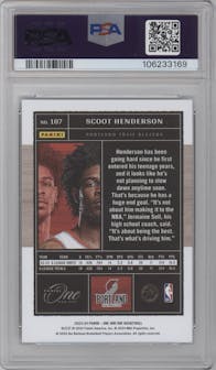 Scoot Henderson  from the 2023-24 Panini One and One set featuring a Green parallel graded by PSA and given an overall grade of 10.