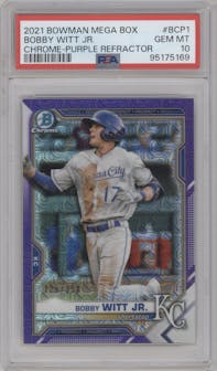 Bobby Witt Jr. from the 2021 Bowman Mega Box set featuring a Purple Refractor parallel graded by PSA and given an overall grade of 10.
