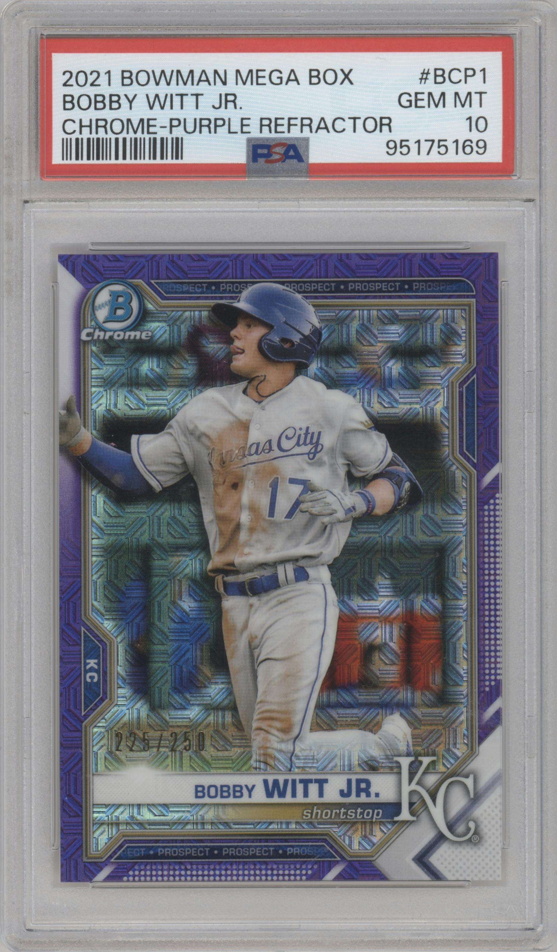Bobby Witt Jr. from the 2021 Bowman Mega Box set featuring a Purple Refractor parallel graded by PSA and given an overall grade of 10.