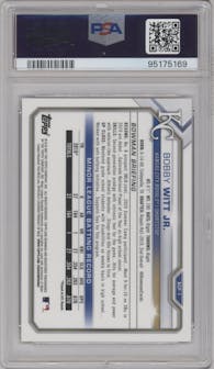 Bobby Witt Jr. from the 2021 Bowman Mega Box set featuring a Purple Refractor parallel graded by PSA and given an overall grade of 10.