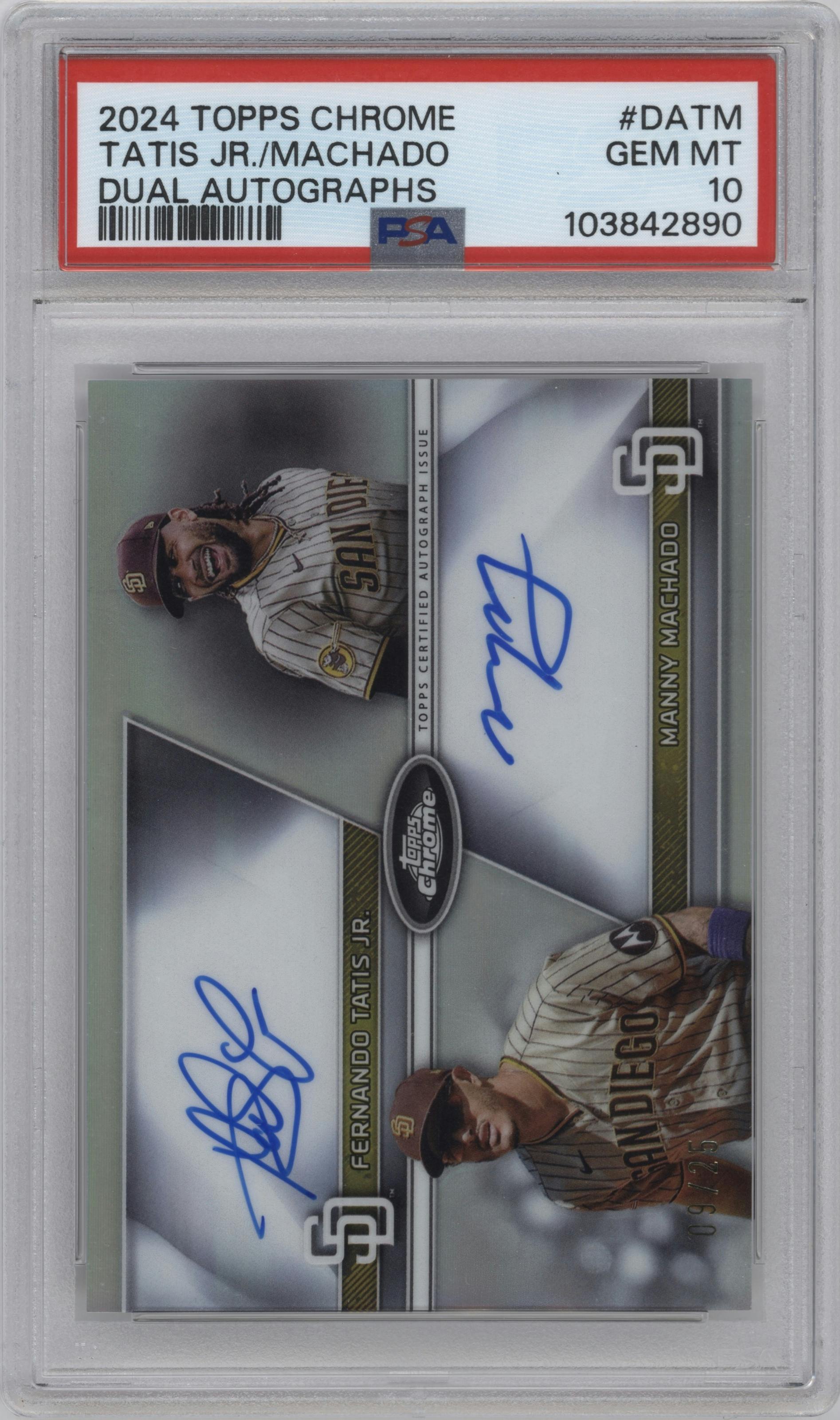 Fernando Tatis Jr./Manny Machado from the 2024 Topps Chrome set graded by PSA and given an overall grade of 10.