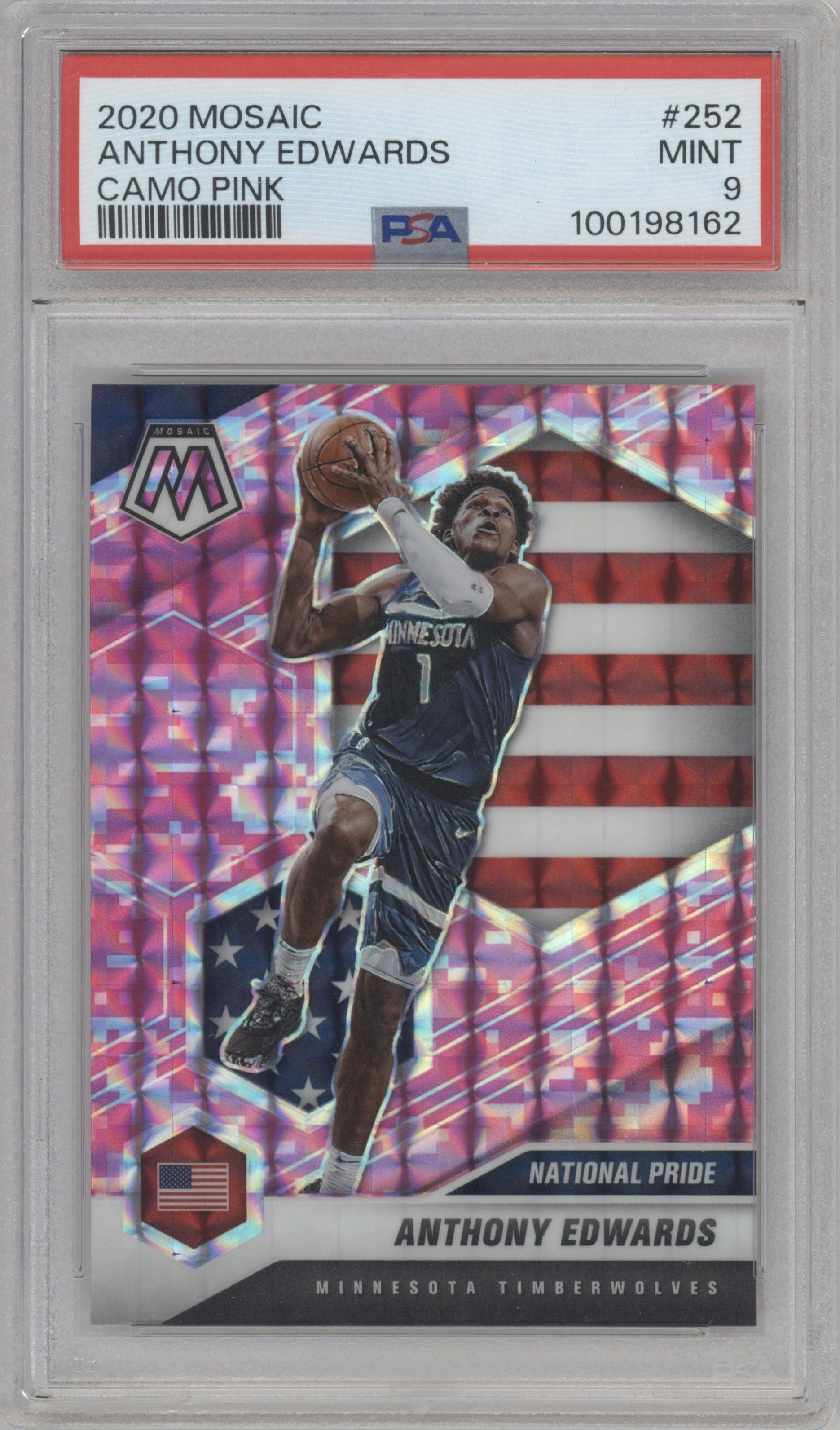 Anthony Edwards from the 2020-21 Panini Mosaic set featuring a Pink Camo parallel graded by PSA and given an overall grade of 9.