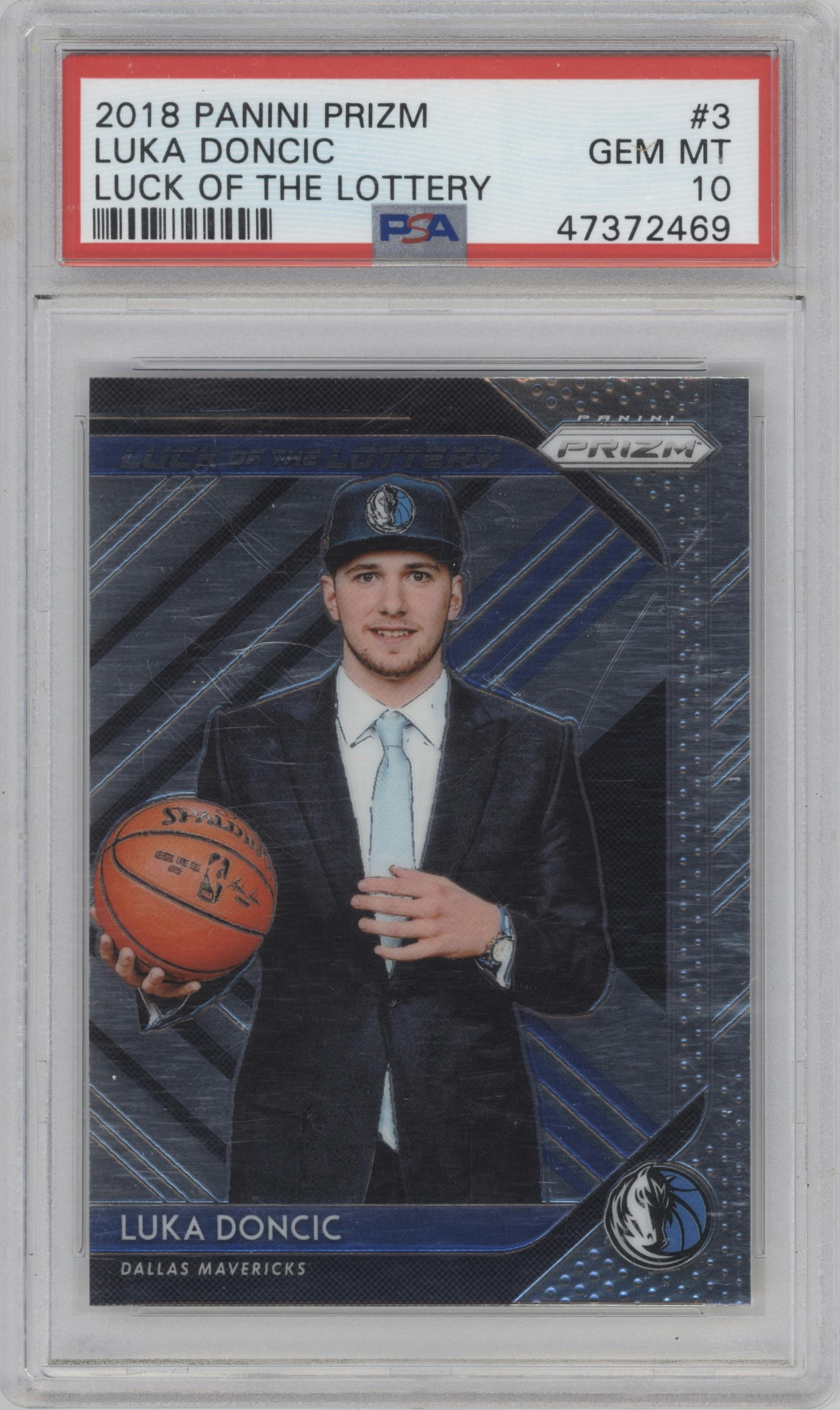 Luka Doncic from the 2018-19 Panini Prizm set graded by PSA and given an overall grade of 10.