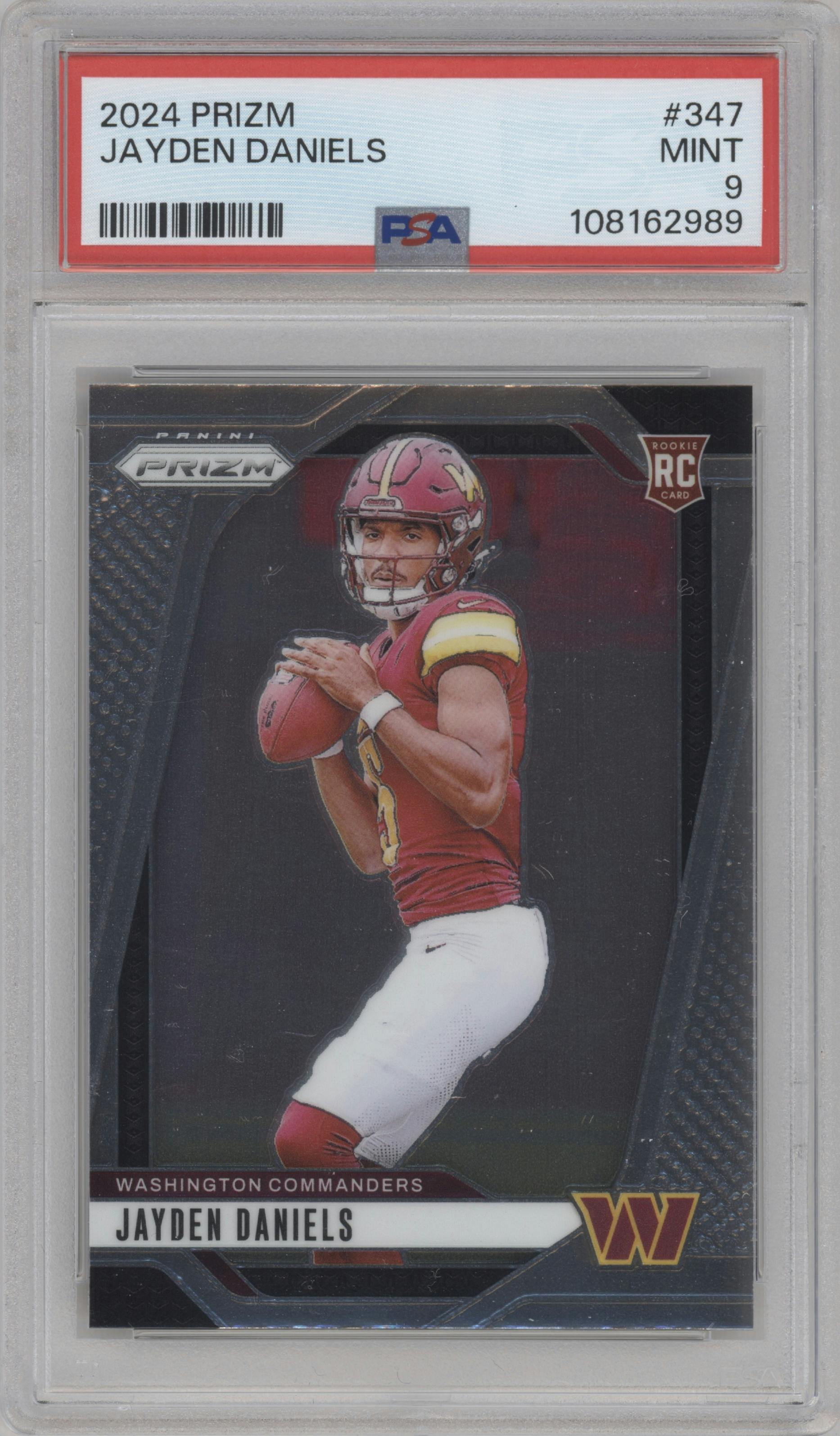 Jayden Daniels from the 2024 Panini Prizm set graded by PSA and given an overall grade of 9.