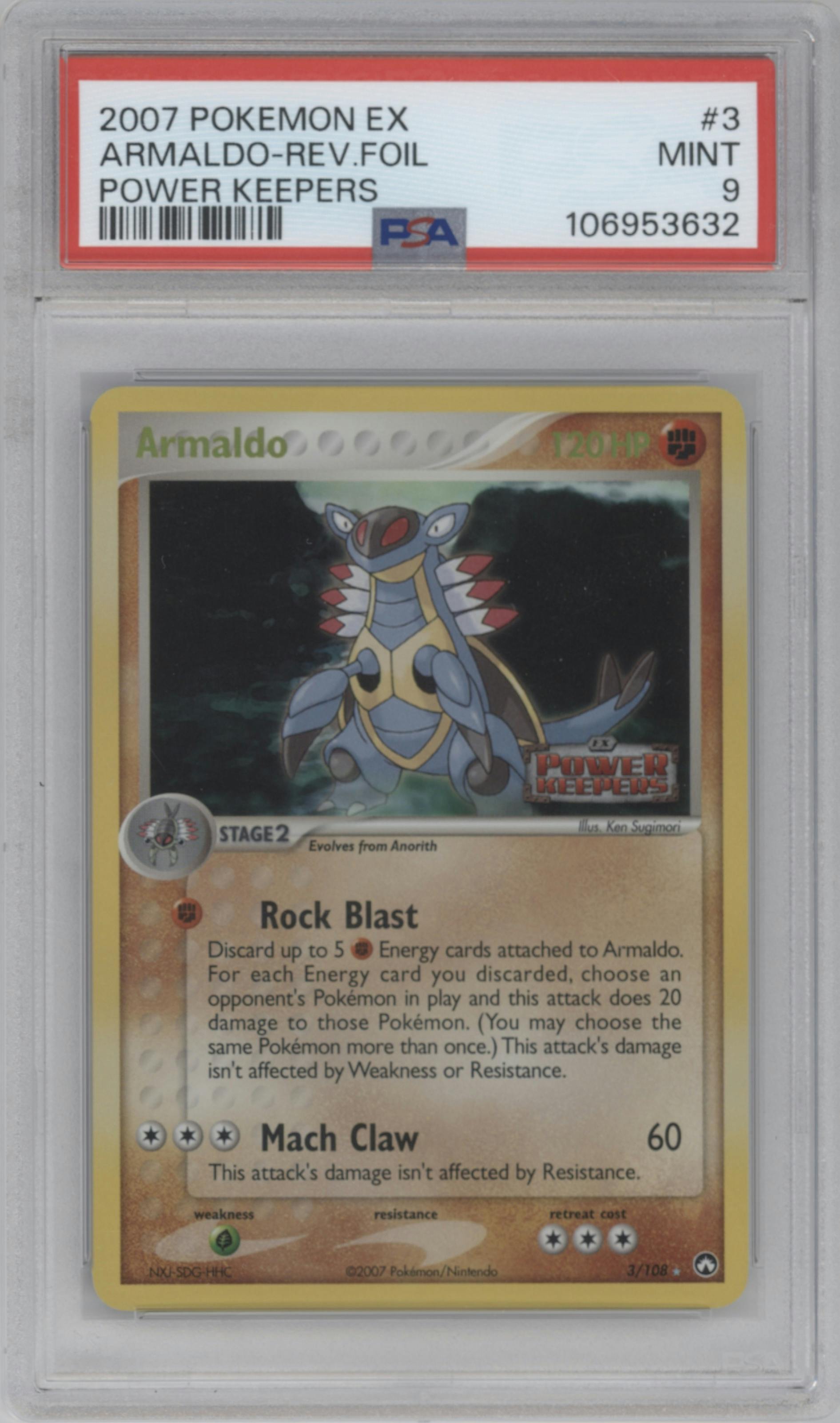 Armaldo from the 2007 Pokemon EX set graded by PSA and given an overall grade of 9.