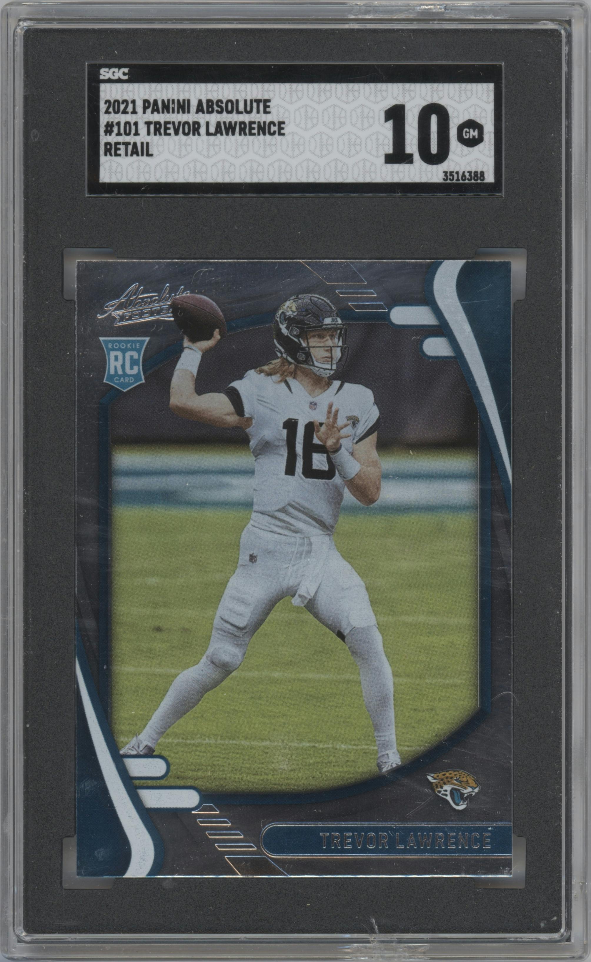 Trevor Lawrence from the 2021 Panini Absolute set graded by SGC and given an overall grade of 10.