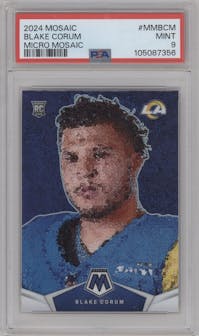 Blake Corum from the 2024 Panini Mosaic set graded by PSA and given an overall grade of 9.