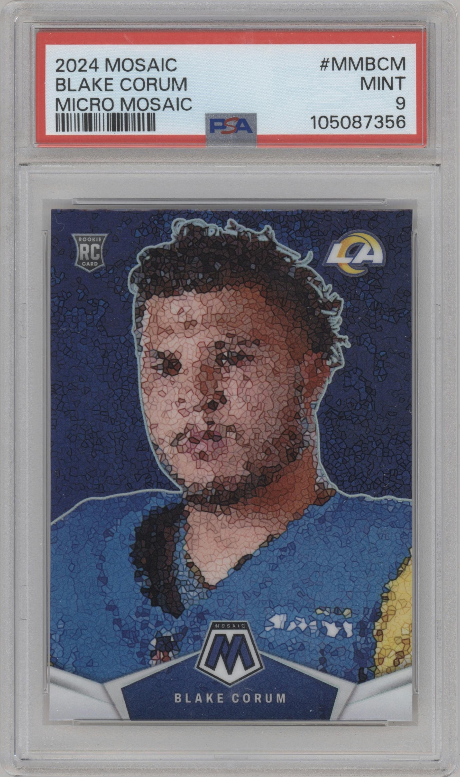 Blake Corum from the 2024 Panini Mosaic set graded by PSA and given an overall grade of 9.