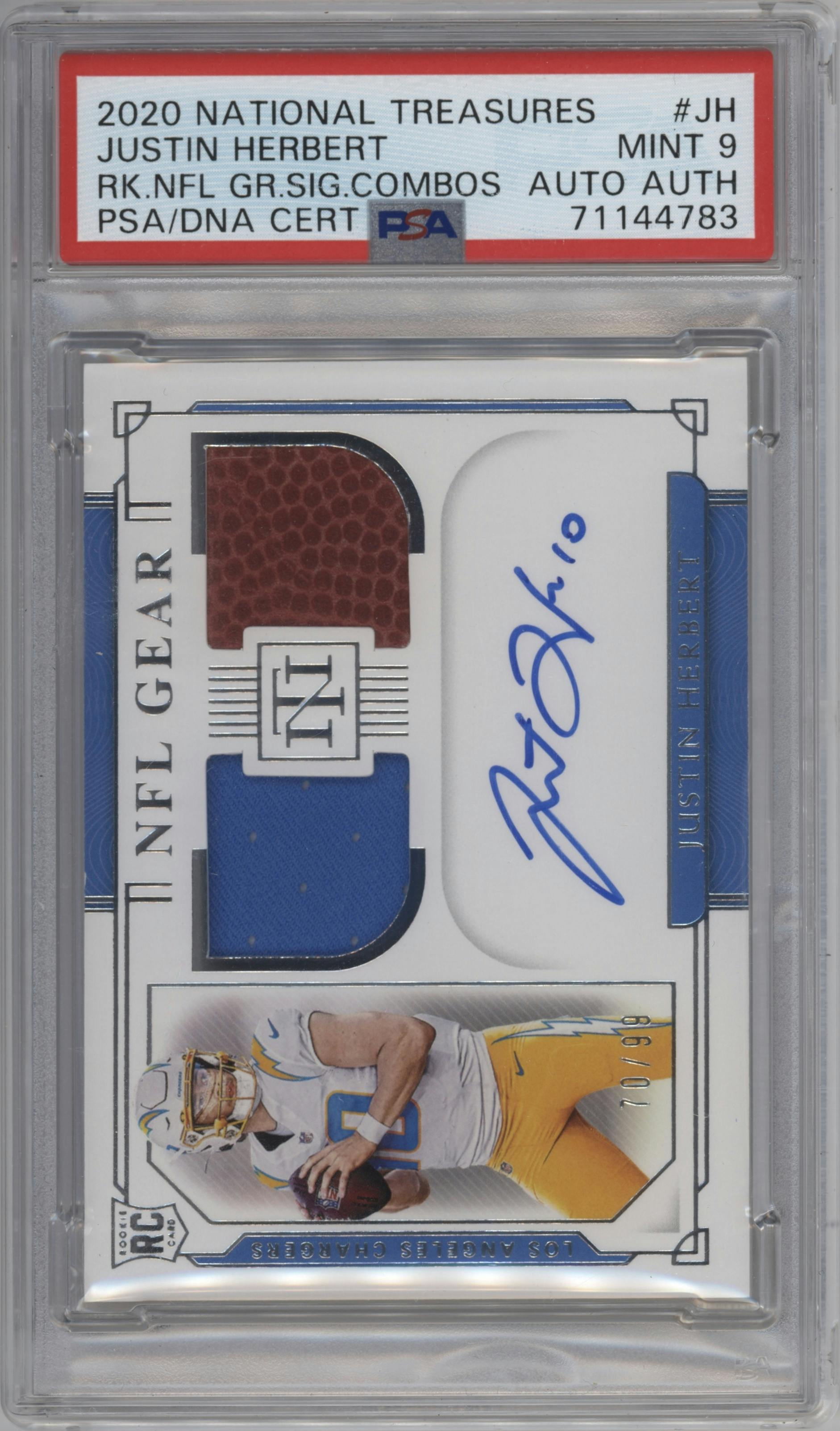 Justin Herbert from the 2020 Panini National Treasures set graded by PSA and given an overall grade of 9.