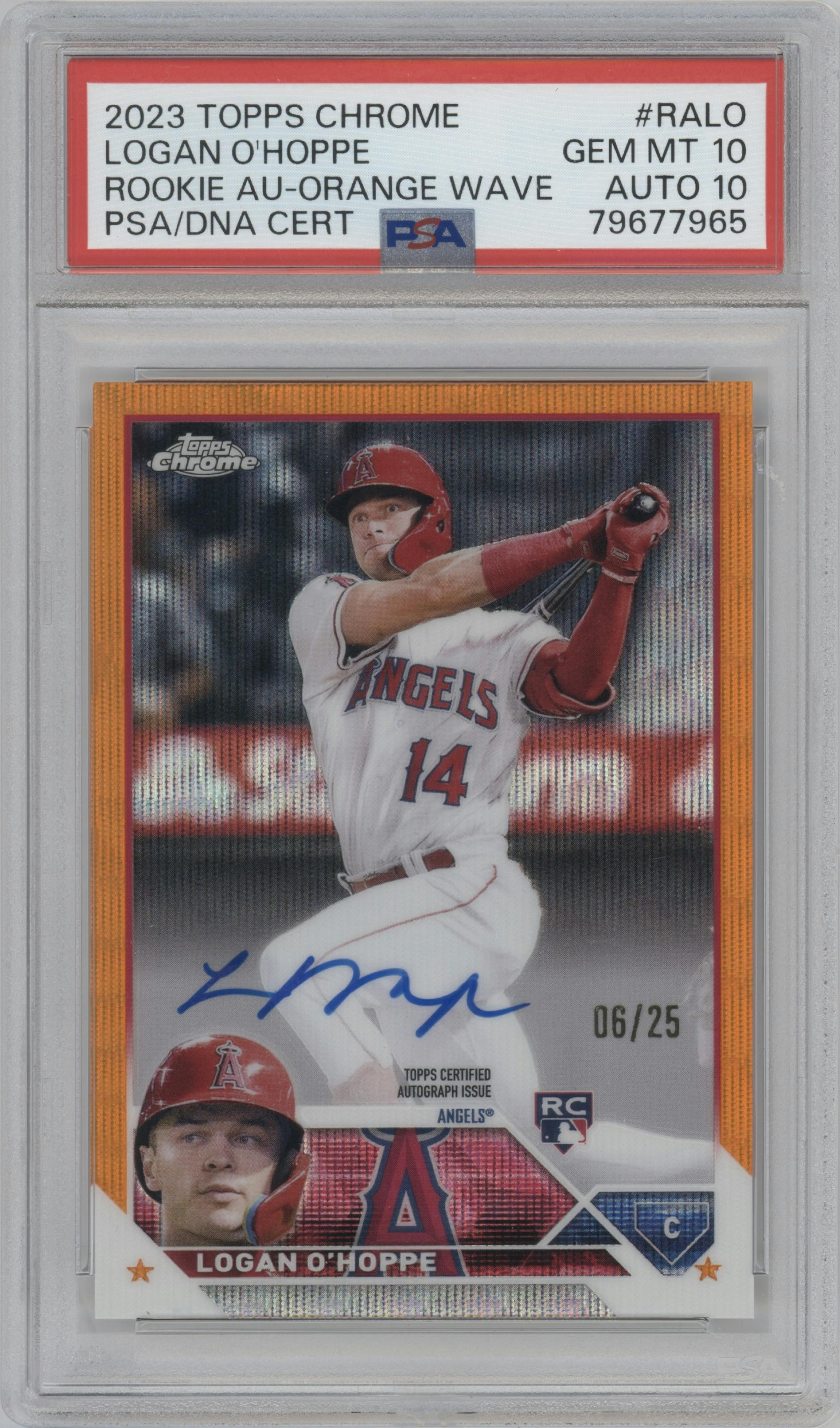 Logan O'Hoppe from the 2023 Topps Chrome set featuring a Orange Wave Refractor parallel graded by PSA and given an overall grade of 10.