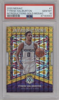 Tyrese Haliburton from the 2020-21 Panini Mosaic set featuring a Gold Mosaic parallel graded by PSA and given an overall grade of 10.