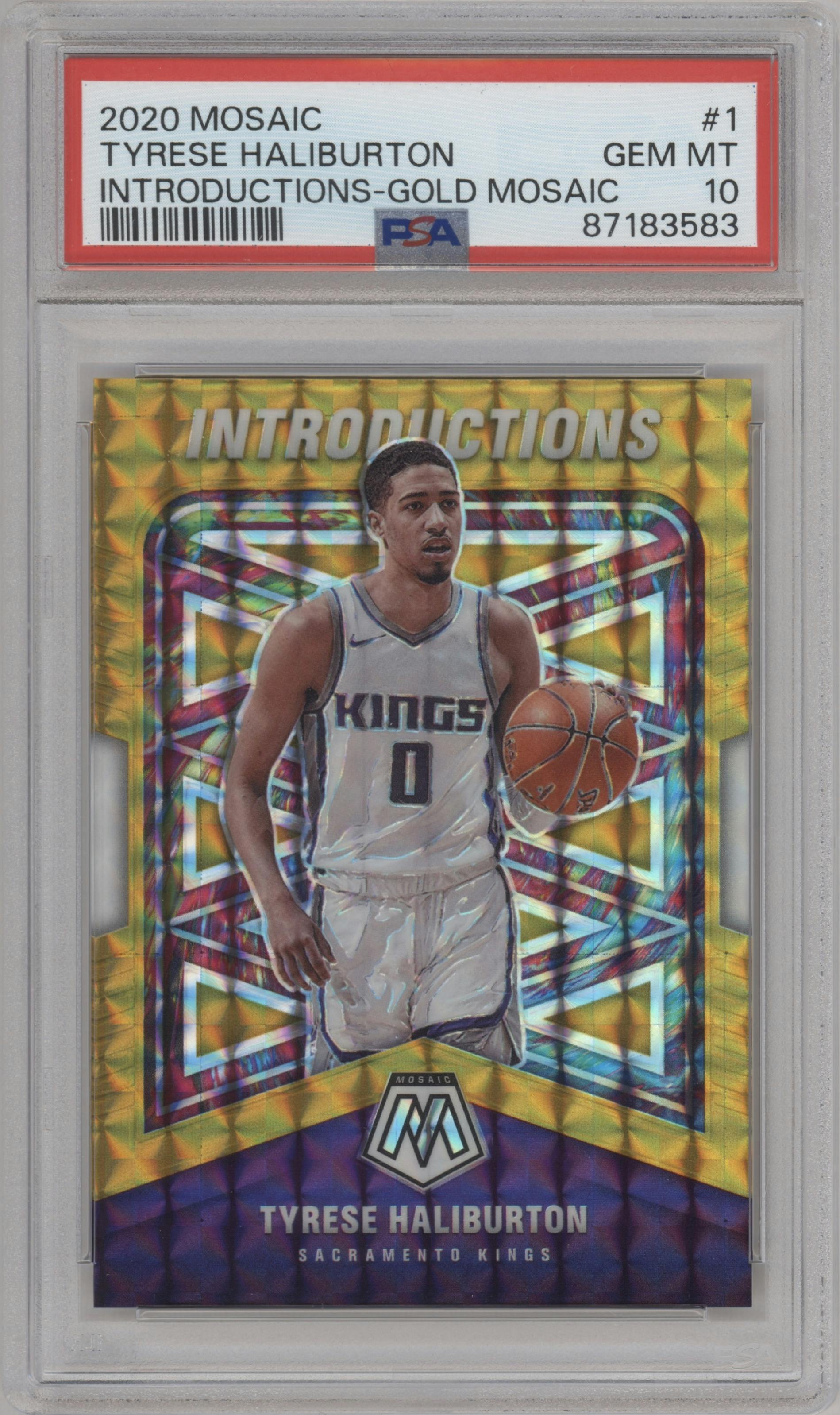 Tyrese Haliburton from the 2020-21 Panini Mosaic set featuring a Gold Mosaic parallel graded by PSA and given an overall grade of 10.