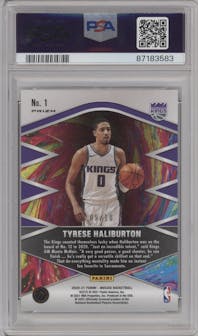 Tyrese Haliburton from the 2020-21 Panini Mosaic set featuring a Gold Mosaic parallel graded by PSA and given an overall grade of 10.