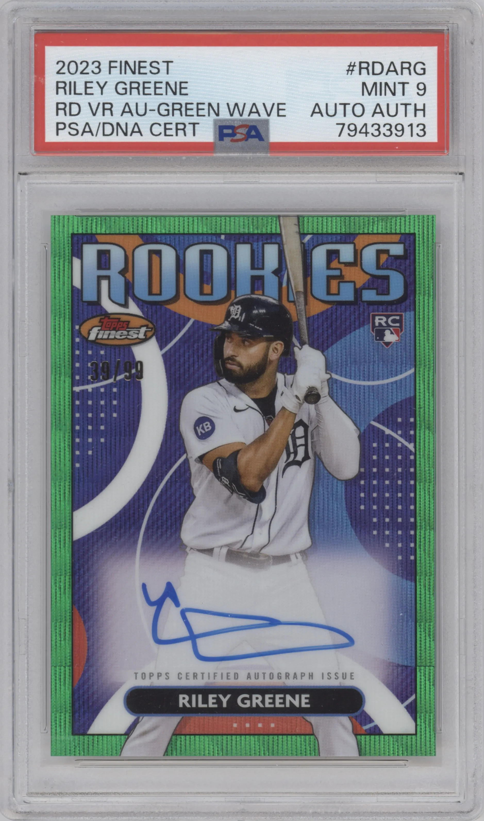 Riley Greene from the 2023 Topps Finest set featuring a Green Wave parallel graded by PSA and given an overall grade of 9.