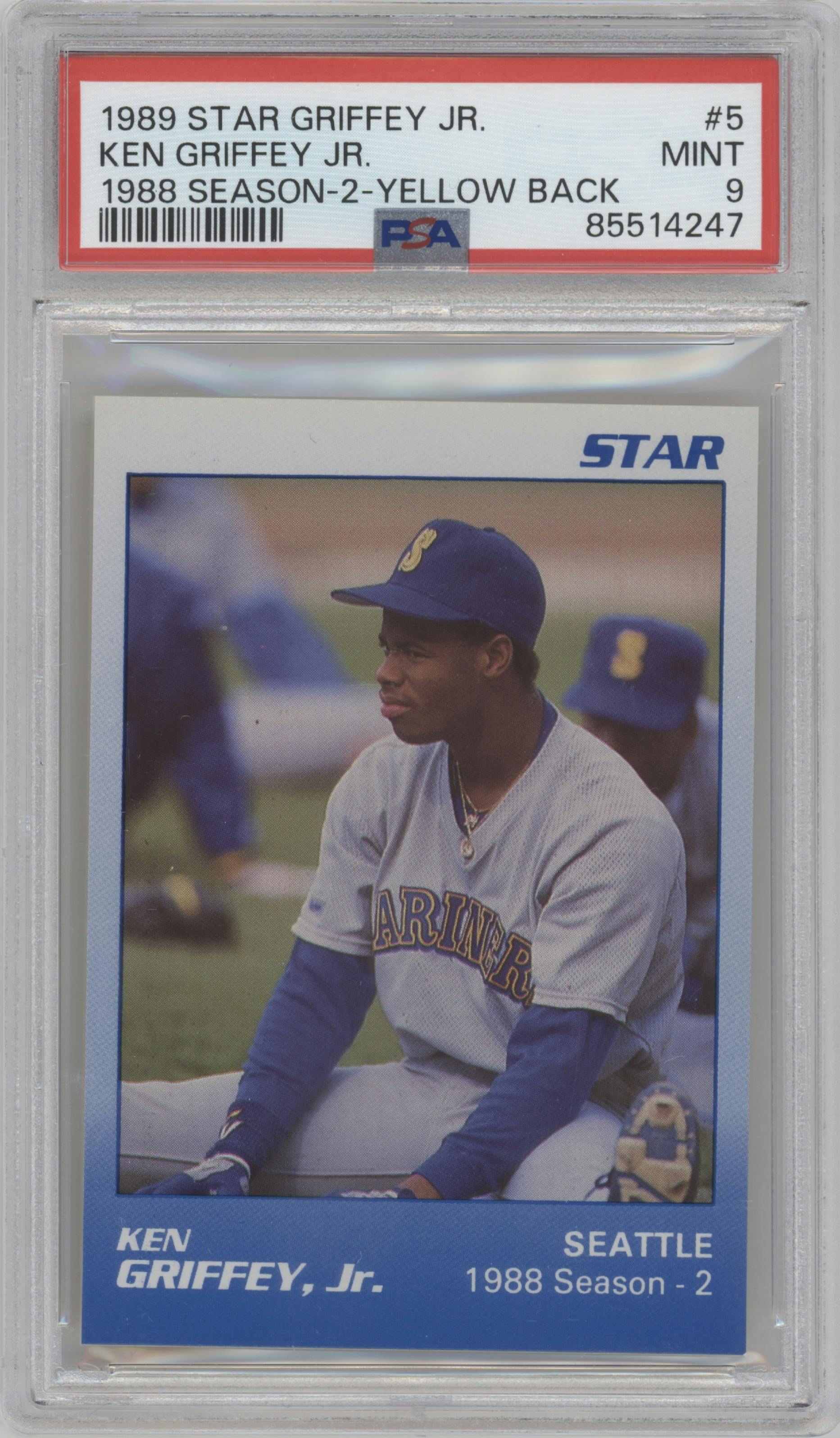  Ken Griffey Jr. from the 1989 Star Ken Griffey Jr. Blue/White set featuring a Yellow Back parallel graded by PSA and given an overall grade of 9.