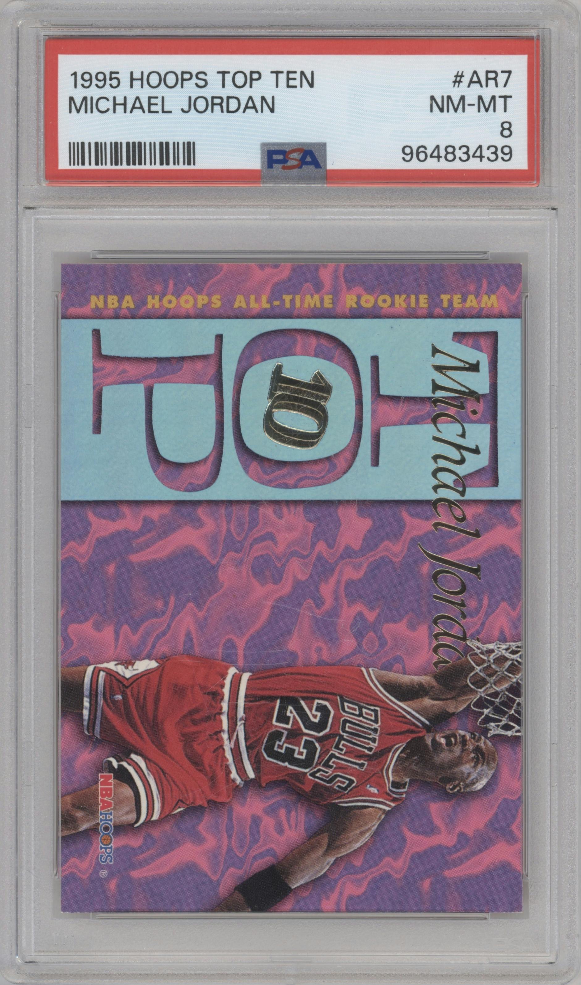 Michael Jordan from the 1995-96 NBA Hoops set graded by PSA and given an overall grade of 8.