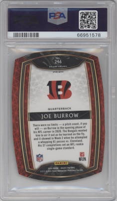 Joe Burrow from the 2020 Panini Select set featuring a Die-Cut Red parallel graded by PSA and given an overall grade of 10.