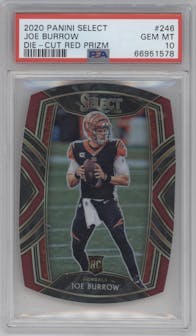 Joe Burrow from the 2020 Panini Select set featuring a Die-Cut Red parallel graded by PSA and given an overall grade of 10.